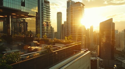 A rooftop bar nestled between high-rises, golden light spilling over.