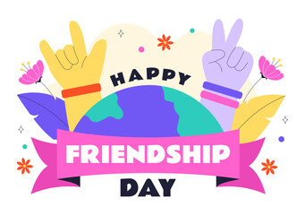 Happy Friendship Day Vector Illustration Featuring Young Boys and Girls Hugging Each Other or Putting Their Hands Together in a Flat Background