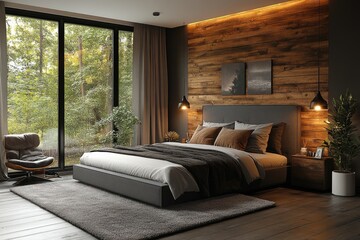 Fototapeta premium Modern bedroom interior with wooden wall and forest view.