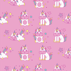 Seamless vector pattern featuring cute unicorns with rainbows, stars, and clouds in a whimsical, colorful style. Perfect for children’s products, fabrics, wallpapers, and stationery.