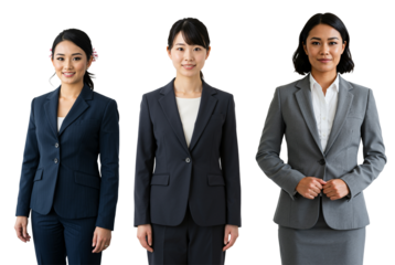 Three young adult Asian women standing together in professional business suits against a transparent background, looking confident and ready for work