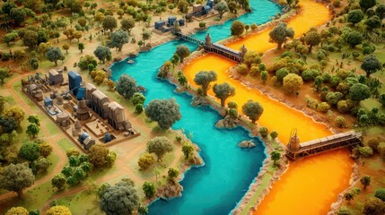 Obraz premium High-angle view of a stylized river flowing through a constructed landscape.