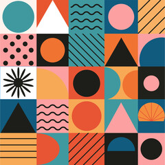 Obraz premium Colorful abstract geometric pattern with circles, triangles, lines and waves in a playful grid layout. Modern flat style in a palette of teal, coral, peach, orange, black and pink.