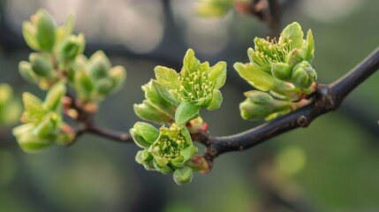 Fototapeta premium A scene of natureâ€™s awakening, where the petals of flowers sprout green blossoms at their tips, breathing new life into the landscape.