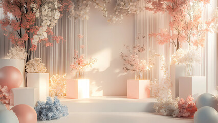 Create an elegant pastel-themed podium for product promotion, adorned with soft-colored decor, gentle lighting, and subtle floral accents, offering a calm, sophisticated atmosphere to highlight