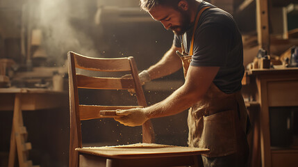 Carpenter Sanding a Wooden Chair in Workshop
