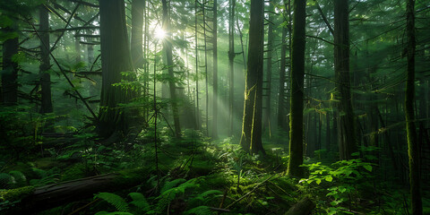 Obraz premium Serene Forest Scene with Sunlight and Lush Green Foliage