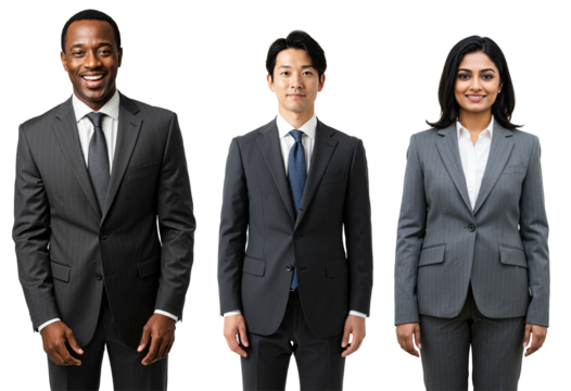 Studio portrait of a diverse group of three business professionals, including a Black man, an East Asian man, and a South Asian woman, all wearing suits against a transparent background.