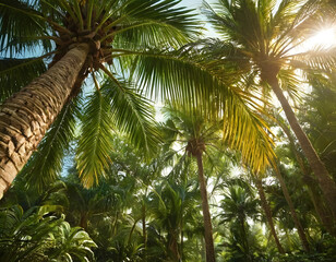 Fototapeta premium Beautiful and magical palm, fabulous trees. Palm Forest jungle landscape, sun rays illuminate the leaves and branches of trees. Magical summer. A beautiful wallpaper. coconut tree in the sun.