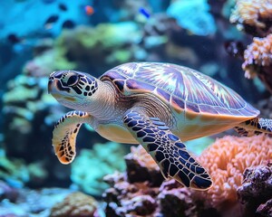 Fototapeta premium Sea Turtle in Coral Reef - Underwater Ocean Wildlife Photography - Marine Animal Closeup