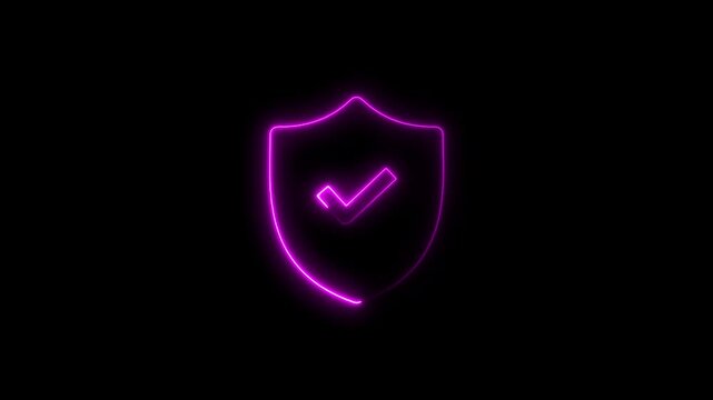 Animated glowing neon shield and checkmark symbol affirming security and protection