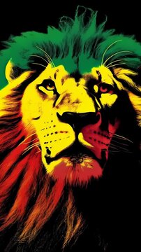 Lion face art illustration with green yellow red Rasta colors and dark background, graphic design, conceptual artistic design for posters and digital use