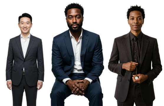 Three diverse adult men in business suits, one Asian and two Black, posing professionally against a black studio background, one holding a pocket watch - Powered by Adobe
