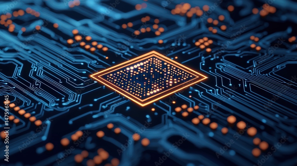 Poster Glowing cpu processing data on futuristic blue circuit board, symbolizing artificial intelligence and advanced computing
