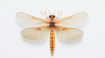 Detailed close-up of a golden brown dragonfly on a clean white background