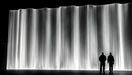 Two figures silhouetted against a large, luminous, vertically-striped structure at night.  The structure resembles a waterfall or curtain of light