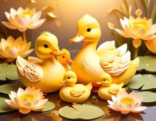 Cute Yellow Ducks Swimming in a Pond with Lily Pads