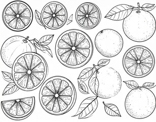 illustration of oranges fruit, black and white for coloring