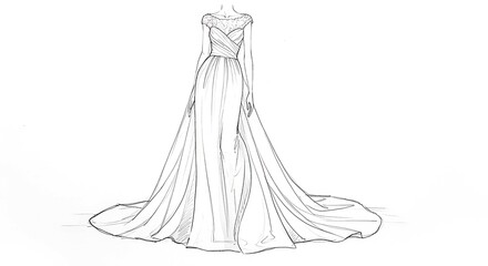 Obraz premium Elegant wedding dress sketch with lace bodice and flowing train for fashion design projects