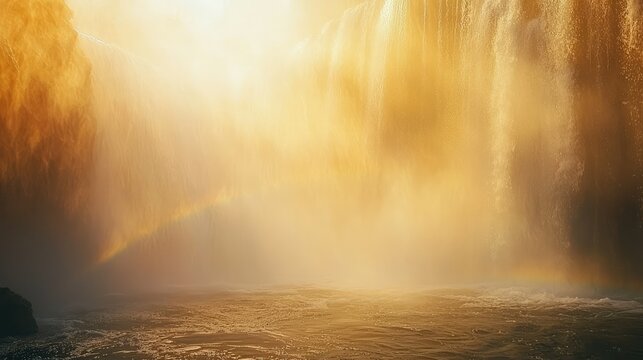 A serene scene of Detian Waterfall at sunset, the golden light reflecting off the cascading water, with a rainbow forming in the mist. - Powered by Adobe