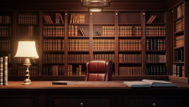 Ornate library study with bookshelves and leather chair