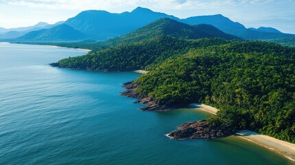 Obraz premium A serene view of PrÃ­ncipe Islandâ€™s coastline, with the dense green forests covering the mountain slopes, and the deep blue ocean stretching far out.