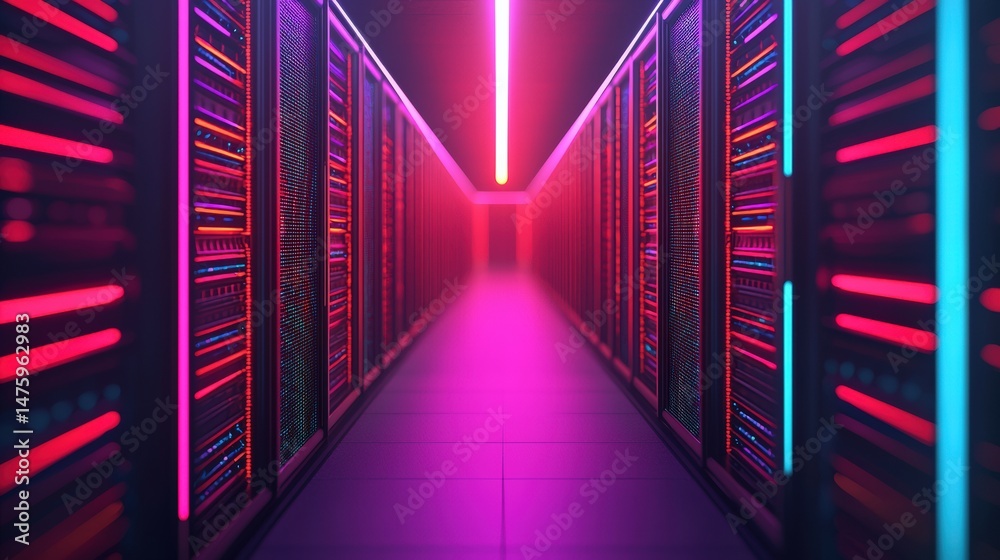 Poster futuristic data center with glowing neon tubes and pulsating nodes illuminates a dark metallic corri