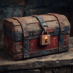 Aged wooden chest with lock and latch, rustic appearance, mysterious