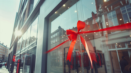 Grand opening of a modern boutique with red ribbon cutting ceremony, clean glass storefront and minimalist decor with copy space. New business launch, retail shop concept, luxury shopping experience a