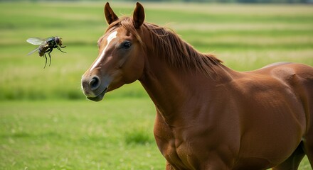 Fototapeta premium Horse and Fly on Green Pasture