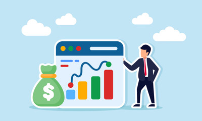 Businessman Stand Beside Money Bag and Application Interface Display Graph Represent Monitor Evaluation and Analysis of Business Investment Financial Performance