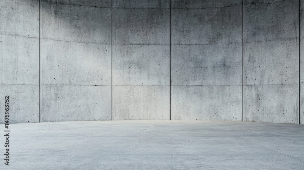 Poster Smooth concrete panels curve gracefully in a modern, empty space, illuminated by soft shadows, showcasing innovative architectural elements and a sleek aesthetic