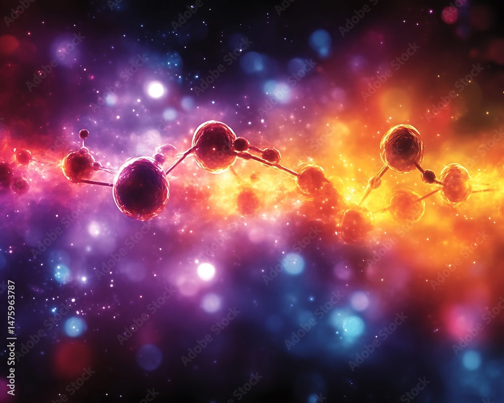 Sticker an abstract image featuring molecules in a colorful cosmic nebula