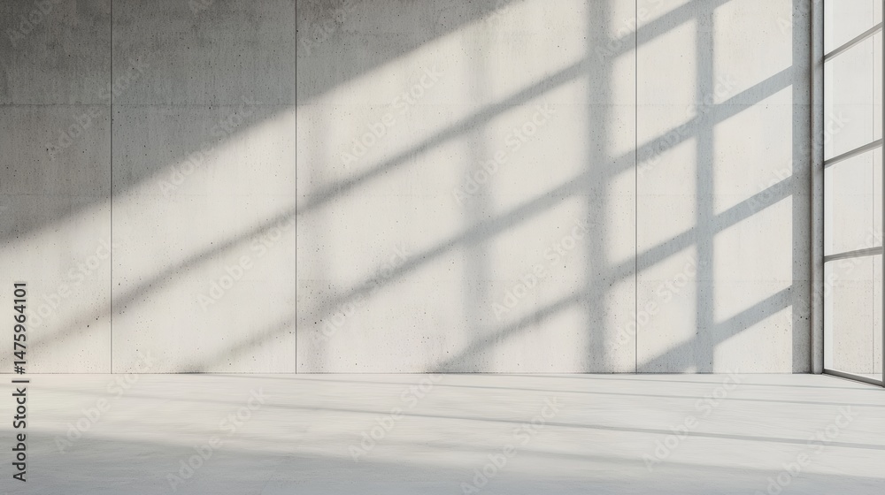Poster sunlight streams through a large window, casting geometric shadows across a smooth concrete wall and