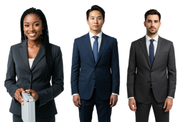 Three diverse business professionals, including a Black woman holding a briefcase, an Asian man, and a Caucasian man, standing in suits against a transparent background.