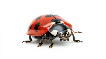 Fototapeta premium Detailed portrait of a bright red ladybug with black spots on white background