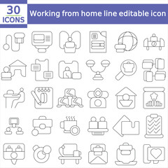 Working from home line editable icon set. Contains icons related to remote working, freelance, hybrid work, digital nomad, office, work at home, and more.