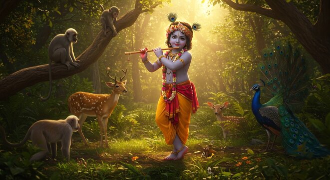 Krishna, the divine flute player, surrounded by enchanting forest creatures in a serene jungle setting, bathed in golden sunlight.
