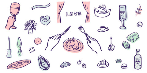 Hand drawn illustrations of restaurant meals and parties. Food for holidays and anniversaries. Food and drinks for dinners and lunches.