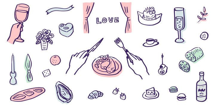 Hand drawn illustrations of restaurant meals and parties. Food for holidays and anniversaries. Food and drinks for dinners and lunches.