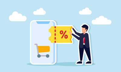 Businessman holding voucher beside smartphone with shopping cart icon business strategy illustration