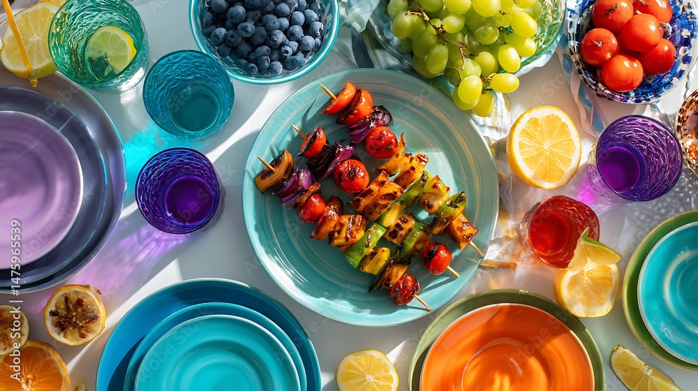Poster colorful summer table setting with vegan bbq skewers on white background