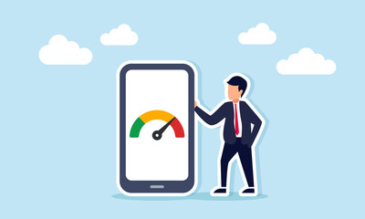 Obraz premium Businessman standing beside smartphone displaying performance indicator digital finance monitoring evaluation analysis illustration
