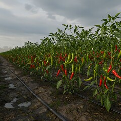 Growing Pepper Plants with Red and Green Peppers in a Field