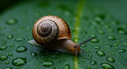 Macro Photography of a Snail on a Dew-Covered Leaf