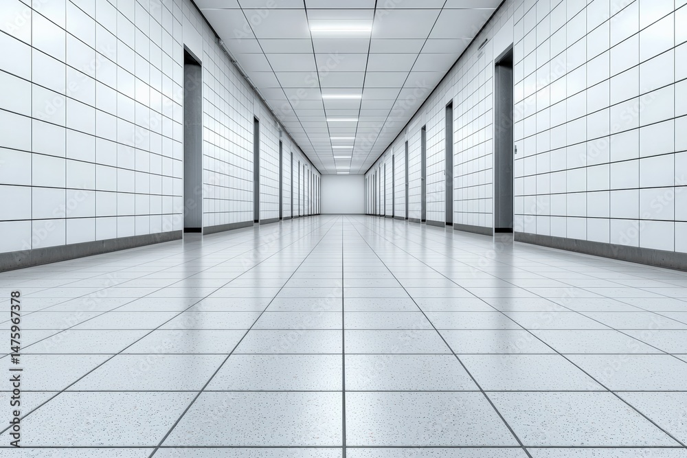 Poster shiny tiled floor and walls create a sleek and futuristic atmosphere in a long corridor leading towa