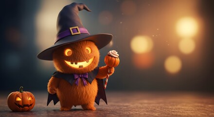 Naklejka premium Cute Pumpkin Monster Celebrating Halloween Holding Treat