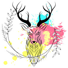 deer head flowers lines tattoo splatter colors in vector art
