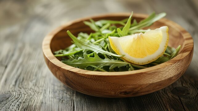 A simple salad garnished with fresh tarragon leaves, placed on a wooden plate with a lemon wedge.