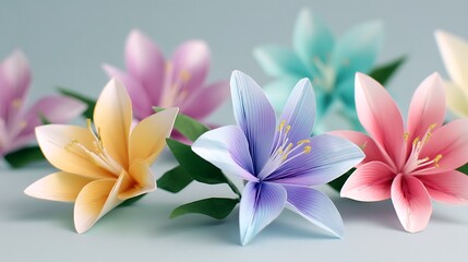 Fototapeta premium Colorful origami pastel color flowers, spring lilies paper petals, folded arts and crafts